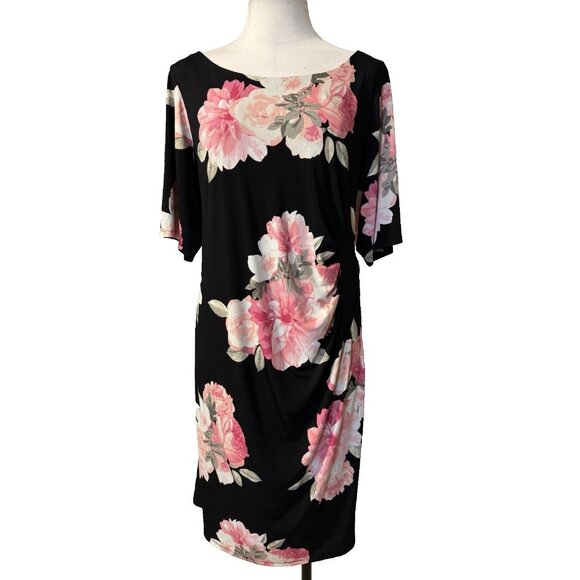 Jessica Howard Dress 18W Black Pink Floral Short Sleeve Stretch Career Washable - Picture 1 of 11